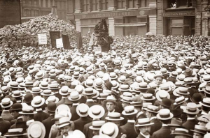 Anarchist Alexander Berkman speaking to a sea of white hats. Union Square, NYC, 1914 