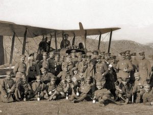 Allies: General Georgi Todorov and officers of infantry and cavalry (Bulgarians and Germans) visiting aviators on aerodrome Belica, 1917. This photo was taken against the background of captured British aircraft 