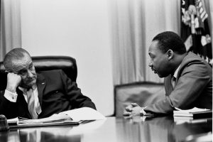 President Lyndon B. Johnson and Martin Luther King Jr. discuss tactics on how to introduce civil rights legislature to Congress. A few months later on May 26th, the Voting Rights Act of 1965 was passed. 