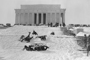 Children sled on Lincoln Memorial steps on February 9, 1935.