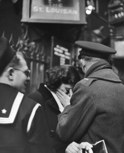 Emotional view of soldiers farewells, New York City, 1944.