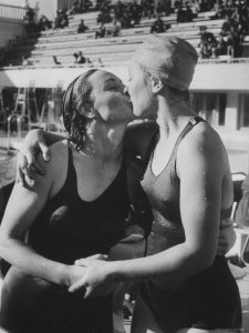 Swimmer Maria Havrish congratulates her rival Elena Kovalenko, 1956.