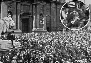 A young Hitler cheers the start of World War One, August 1914 