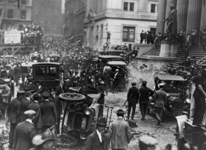 38 dead, hundreds injured in 1920 Wall St. bombing attributed to anarchists.