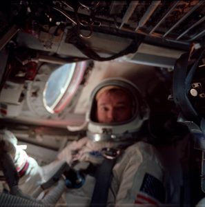 Seventy hours after launch, Michael Collins (Gemini 10, Apollo 11) sits in the cockpit of his Gemini craft preparing to return to earth. (July 21, 1966)