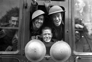 British troops cheerfully board their train for the first stage of their trip to the western front, 1939 