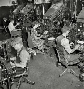 Linotype operators in the composing room of the New York Times, 1942. 