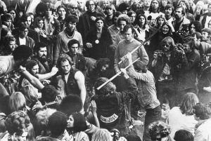 Hells Angels fatal attack during Rolling Stones concert, 1969.