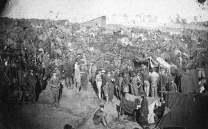 Union prisoners draw rations at Camp Sumter, also known as Andersonville Prison, 17 August 1864 (NARA Photo) 