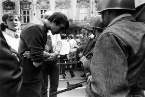 Demonstration met by soldiers with bayonets on the first anniversary of Prague Spring, Prague, 1969. 