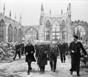 Winston Churchill visiting the ruins of Coventry Cathedral after the Blitz (1941) 