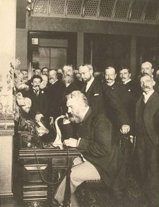 Bell placing the first New York to Chicago telephone call in 1892 