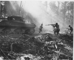 US soldiers, bayonets fixed, in the Battle of Bougainville 