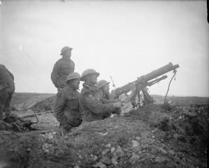 Men of the Machine Gun Corps fire their gun at a German aircraft (not pictured) during the Battle of Arras, by John Warwick Brooke, April 1917 