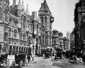 London's Royal Courts of Justice, court building in Westminster, 1890.