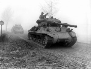 American tank destroyers move forward during heavy fog to stem German spearhead near Werbomont, Belgium, 20 Dec 1944 