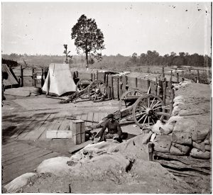 Union army soldier at Confederate fort outside Atlanta, 1864.