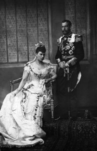 King George 5th and his bride Princess Mary, on their wedding day, 1893.