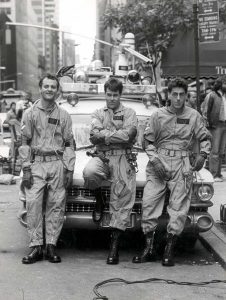 Bill Murray, Dan Aykroyd and Harold Ramis, the Ghostbusters set, 1983.