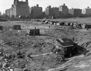 Homeless shantytown in Central Park during the Great Depression.