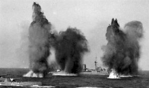 HMS Hood and HMS Valiant under attack by Italian SM79 bombers, in the Western Mediterranean, 1940 