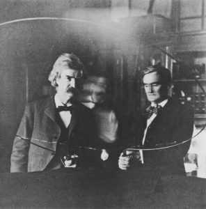 Nikola Tesla, Mark Twain and Jo Jefferson in Tesla's lab.