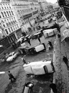 Student riots in Paris, toppled cars as barricades, May 11, 1968.