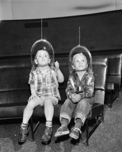 Boys preparing for the space travel at the planetarium, Texas, 1955.