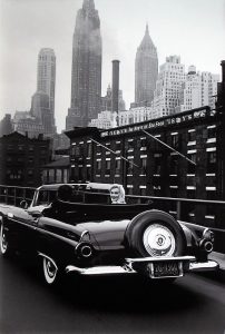 Marilyn Monroe cruising in NYC in a new 1956 Thunderbird.