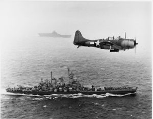 Washington (BB-56) on 12 November, 1943 with unknown Essex class carrier, (Probably Yorktown (CV-10) or Lexington (CV-16)), steams towards the Gilbert Islands to take part in Operation Galvanic. 