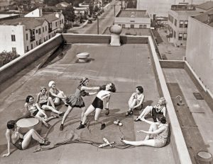 Women boxing on the rooftop of the Ball Building, Hollywood 1938.