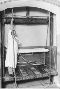 Manually operated hospital elevator in Kraków, Poland, 1929.