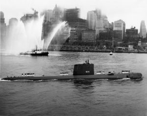 USS Nautilus enters New York harbor after making the first trans-polar voyage under the Arctic ice, 1958 