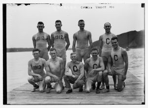 Cornell Varsity crew team on the Hudson River, New York, 1911.