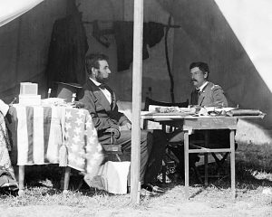 Abraham Lincoln and General George McClellan in the general's tent near Antietam battlefield - October 3, 1862 