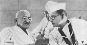 Mohandas Gandhi and Subhas Chandra Bose at the Indian National Congress annual meeting in Haripura, 1938 