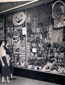 Halloween shop, a hub of costumes and spooky décor, Maryland, 1950. 