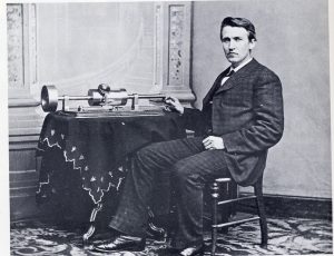 Inventor Thomas Edison with tin foil phonograph, Washington DC, circa 1878.  