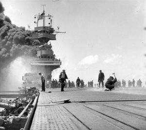 Scene on board USS Yorktown (CV-5), shortly after she was hit by three Japanese bombs on 4 June 1942 