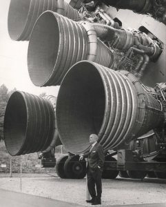 Wernher von Braun posing near the Saturn V rocket, 1969 