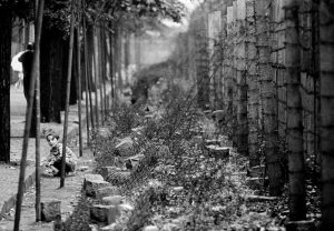 Girl defies divide, plays by Berlin Wall.