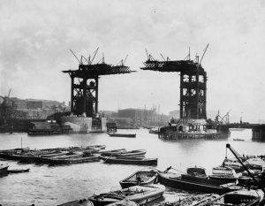 The famous Tower Bridge across the Thames in London under construction in 1892 