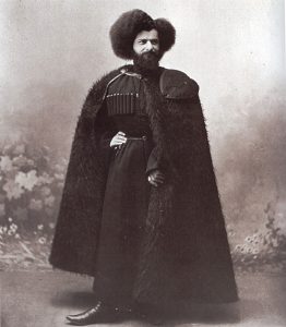 Portrait of the Caucasian nobleman Ovalyani, wearing a burka in 1890.
