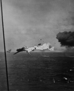 Japanese torpedo bomber explodes in air, 1943 