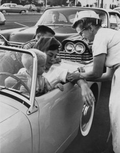 Drive-in clinic for the polio shot, Los Angeles, 1960s. 