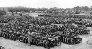 Surplus military motorcycles, 1946. Location unknown 