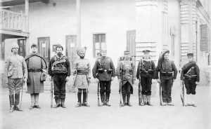 Soldiers from 9 different countries sent to put down the boxer rebellion. From left; Britain, USA, Russia, India, Germany, France, Austria-Hungary, Italy and Japan. (1900) 