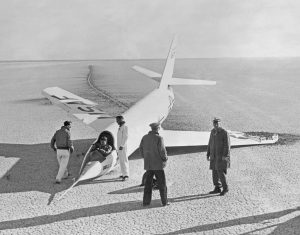 Bell X-2 landed with its nose gear collapsed.