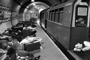 Londoners sleeping in the underground during German bombing raid, 1940. 