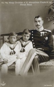 Danish King, Christian X and his children(L-R): Prince Knud and Crown Prince Frederik, undated postcard 